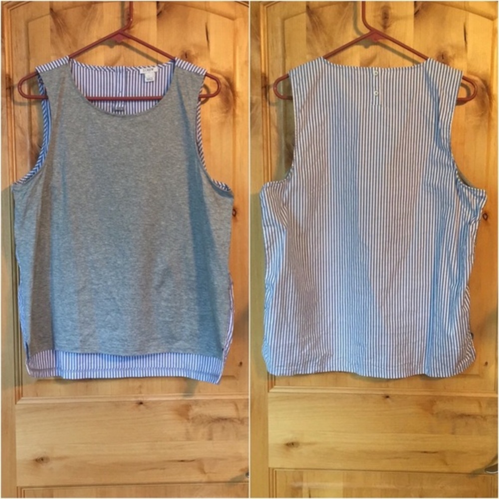J CREW Gray Wht Blue Pinstripe Mix Media Top EUC L